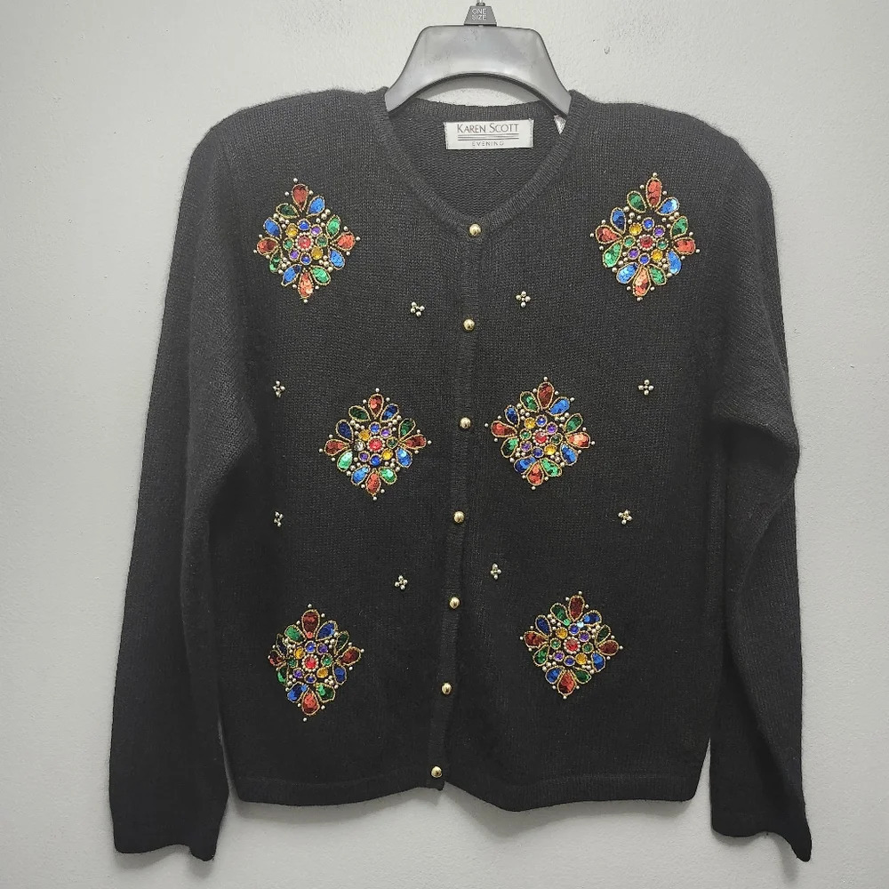 Karen Scott vintage women's sweater cardigan size M black silk rabbit ha…